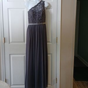 David's Bridal Gray lace upper pleated skirting one shoulder dress  Sz 4